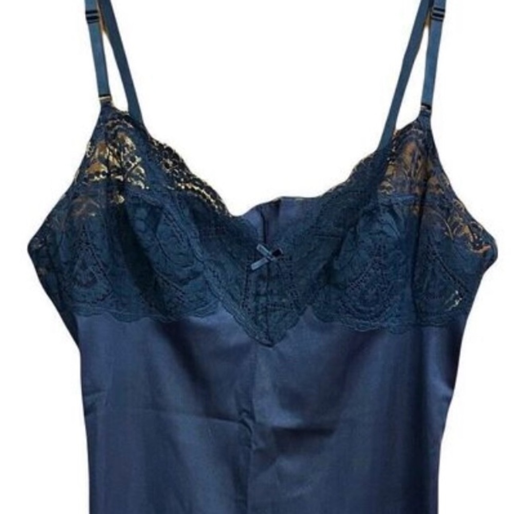 HOLLYWOOD VASSARETTE Vintage Slip Dress 36 Blue Lace Nylon Tricot Coquette